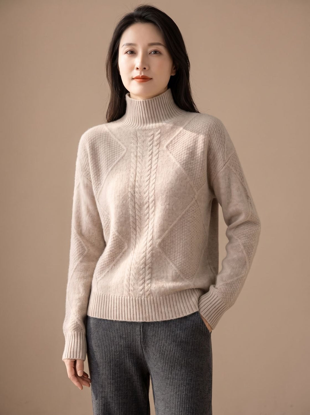 Damen Rollkragenpullover aus Cashmere mit Zopfmuster - Grau