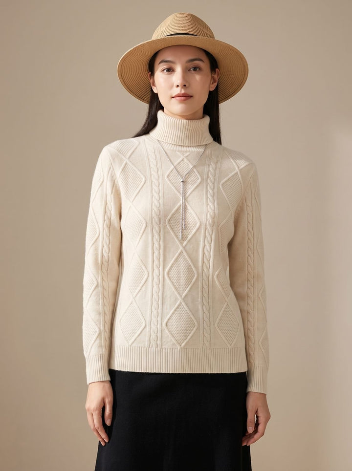 Damen Rollkragenpullover aus Cashmere mit Zopfmuster