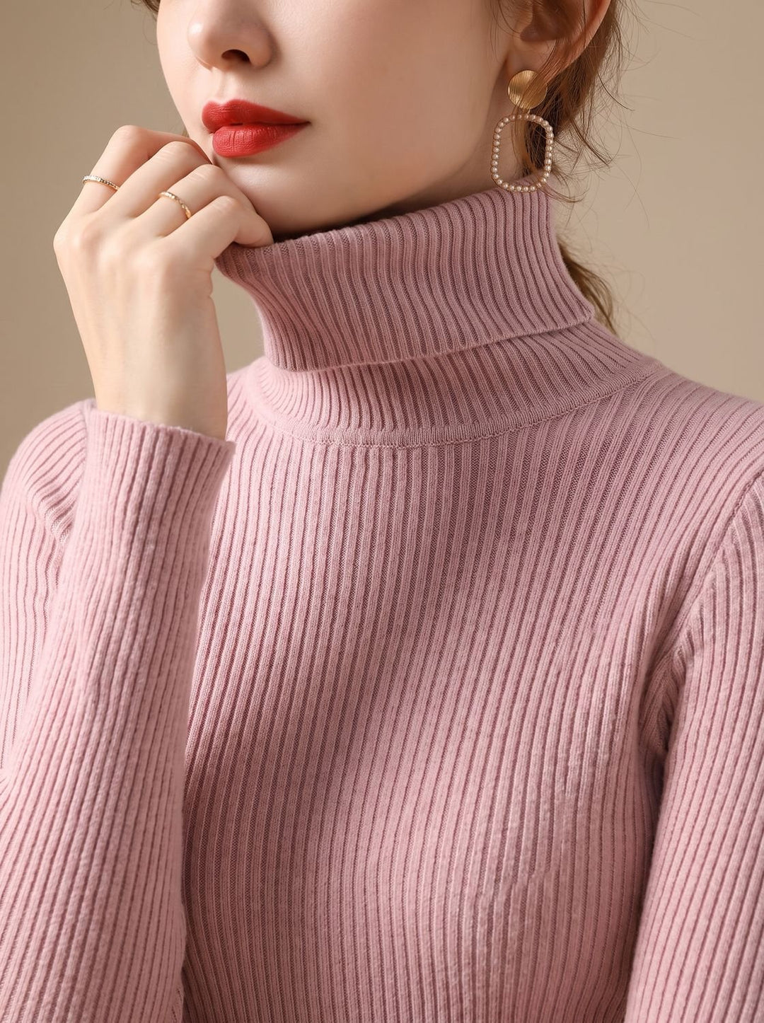 Damen Rollkragenpullover Gerippter Strick Slim-Fit Langarmshirt - Rosa