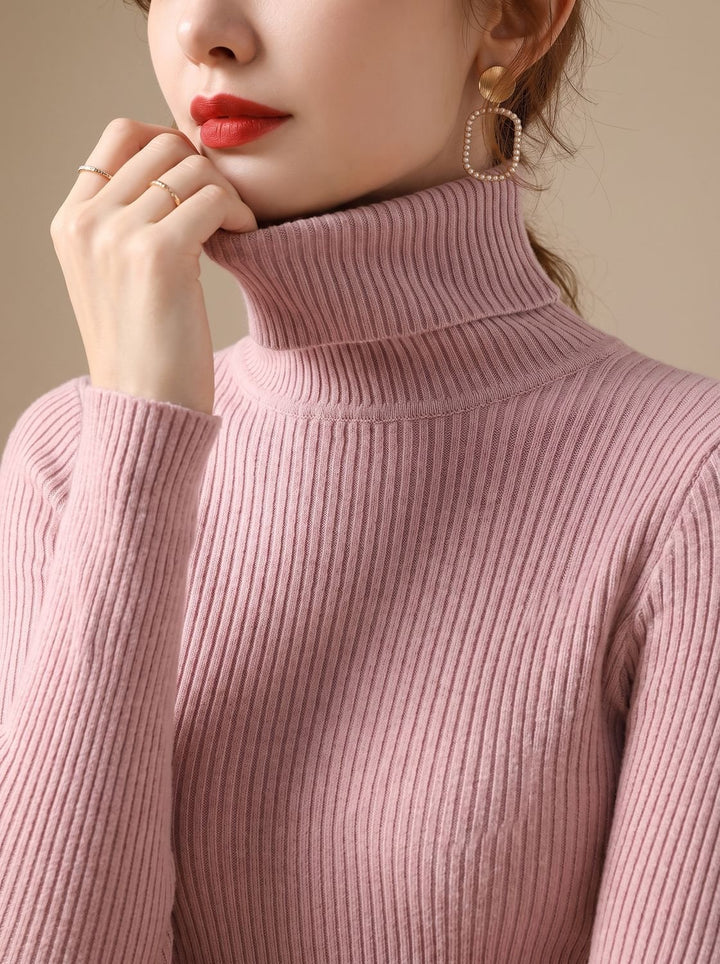 Damen Rollkragenpullover Gerippter Strick Slim-Fit Langarmshirt - Rosa