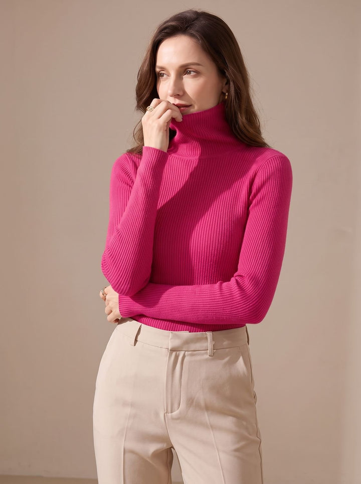 Damen Rollkragenpullover Gerippter Strick Slim-Fit Langarmshirt - Dunkelrosa