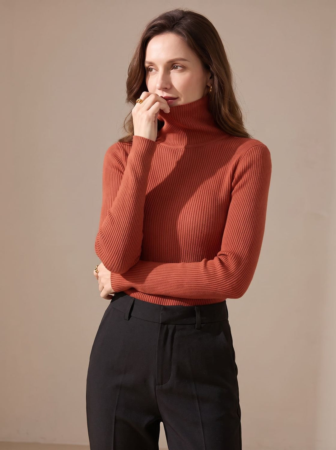 Damen Rollkragenpullover Gerippter Strick Slim-Fit Langarmshirt - Dunkelorange