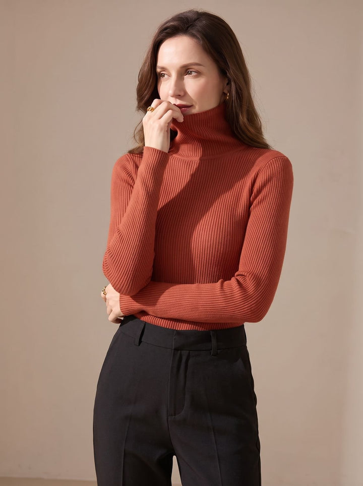 Damen Rollkragenpullover Gerippter Strick Slim-Fit Langarmshirt - Dunkelorange