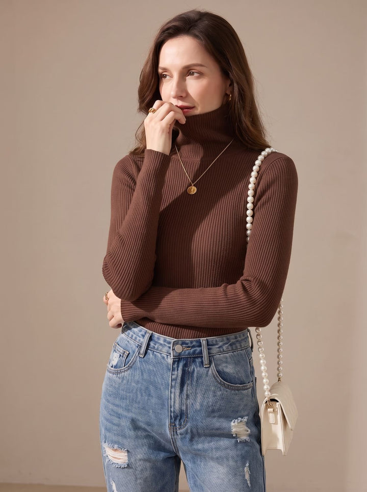 Damen Rollkragenpullover Gerippter Strick Slim-Fit Langarmshirt - Braun