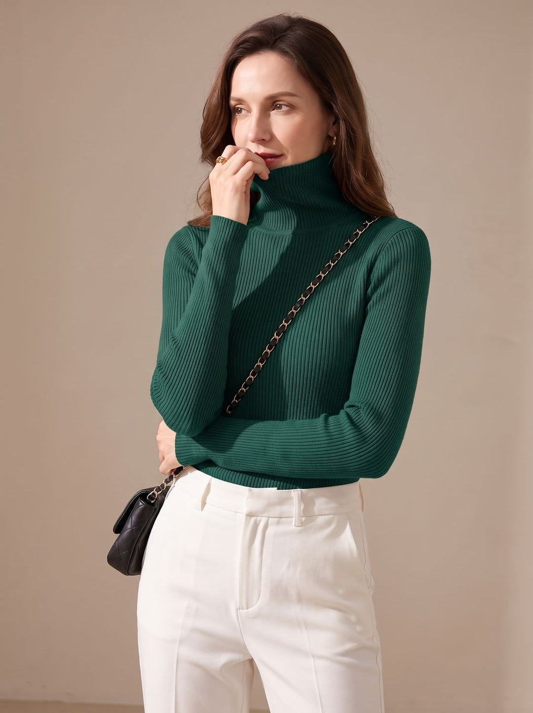 Damen Rollkragenpullover Gerippter Strick Slim-Fit Langarmshirt - Dunkelgrün