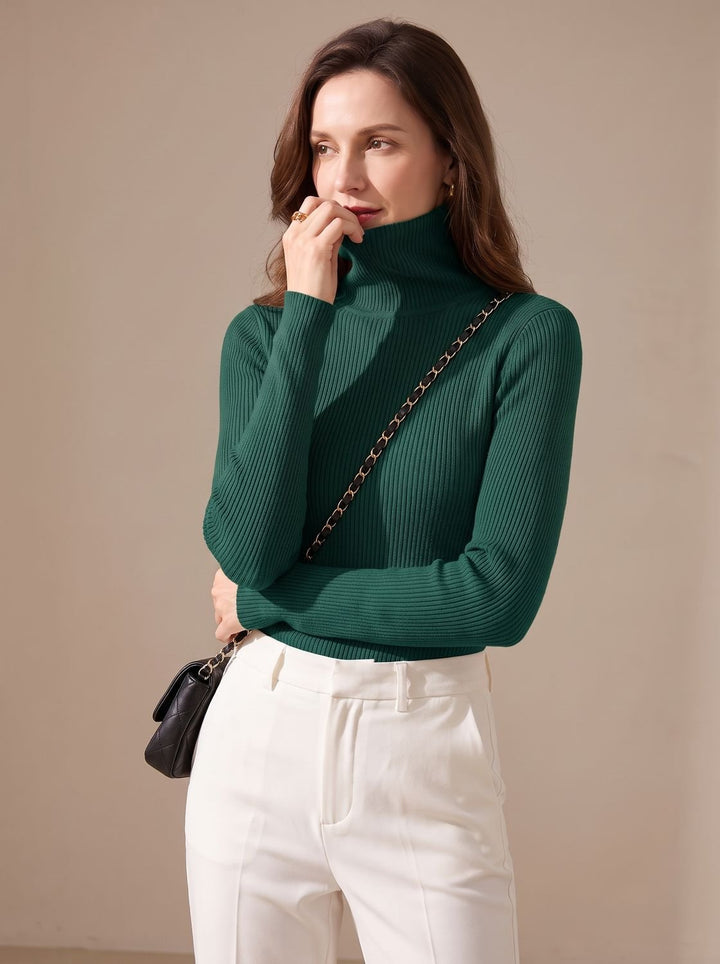Damen Rollkragenpullover Gerippter Strick Slim-Fit Langarmshirt - Dunkelgrün