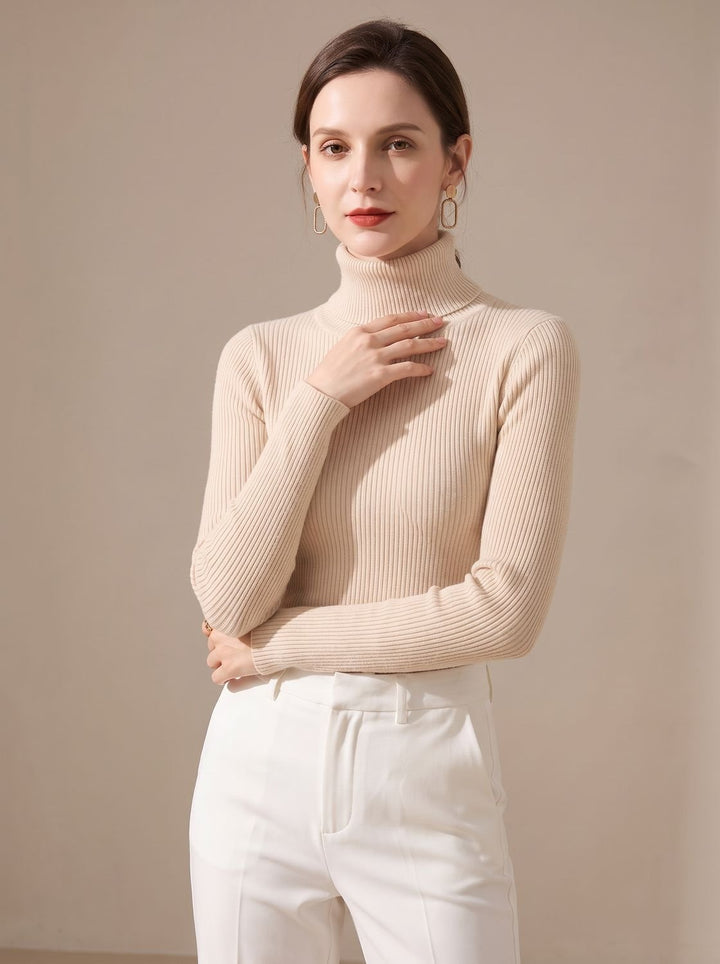 Damen Rollkragenpullover Gerippter Strick Slim-Fit Langarmshirt - Aprikose