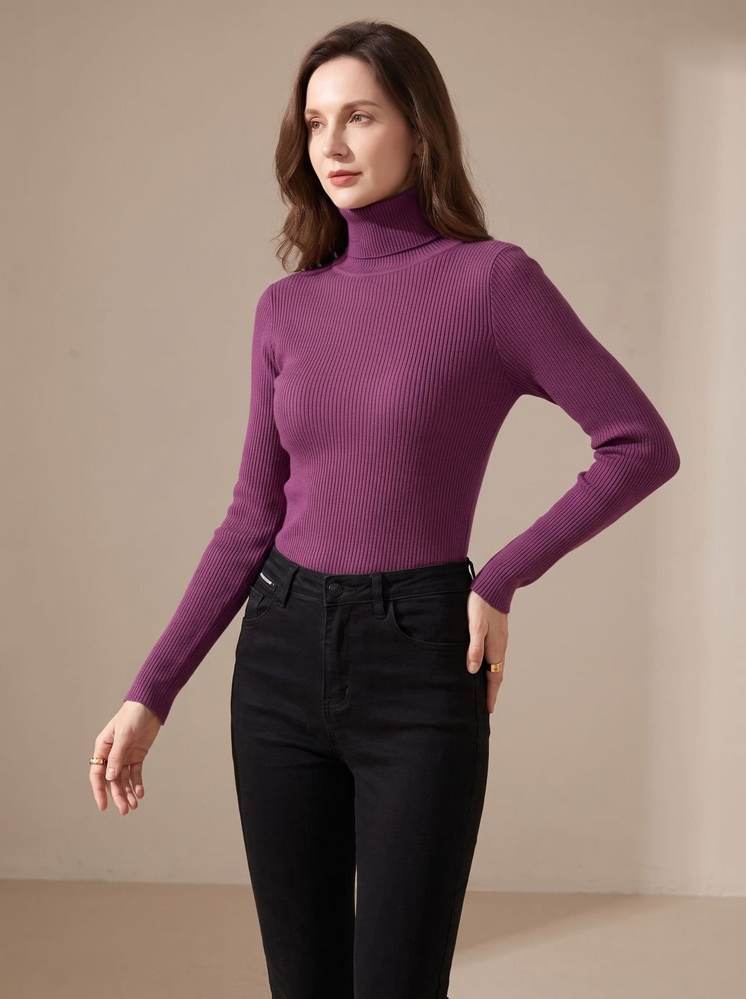Damen Rollkragenpullover Gerippter Strick Slim-Fit Langarmshirt - Dunkelviolett