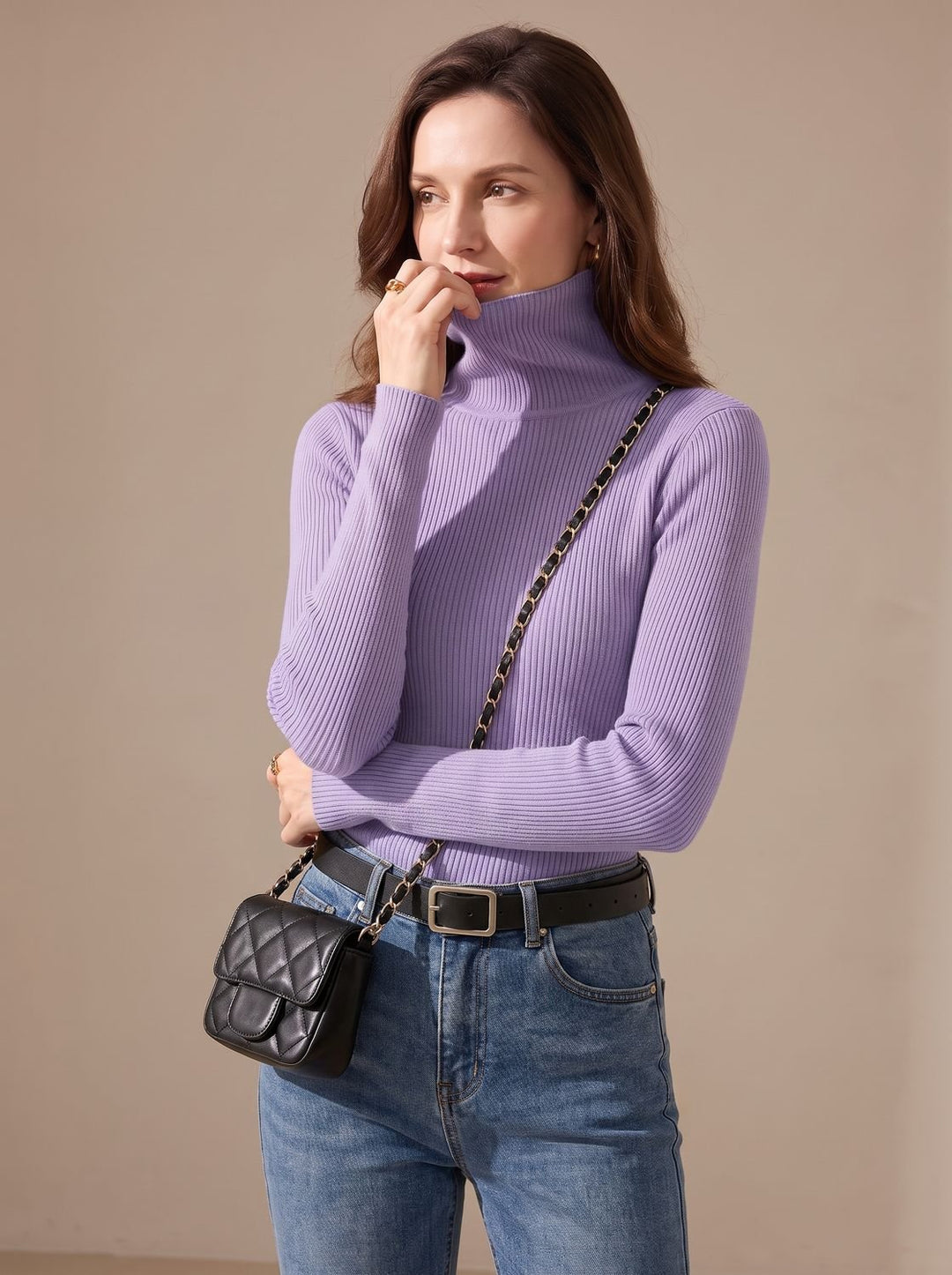 Damen Rollkragenpullover Gerippter Strick Slim-Fit Langarmshirt - Lila