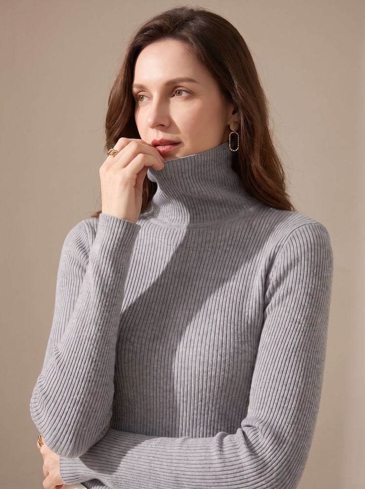 Damen Rollkragenpullover Gerippter Strick Slim-Fit Langarmshirt - Grau