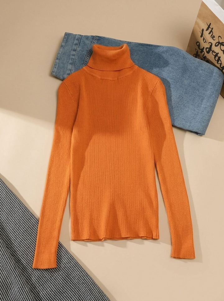 Damen Rollkragenpullover Gerippter Strick Slim-Fit Langarmshirt - Orange