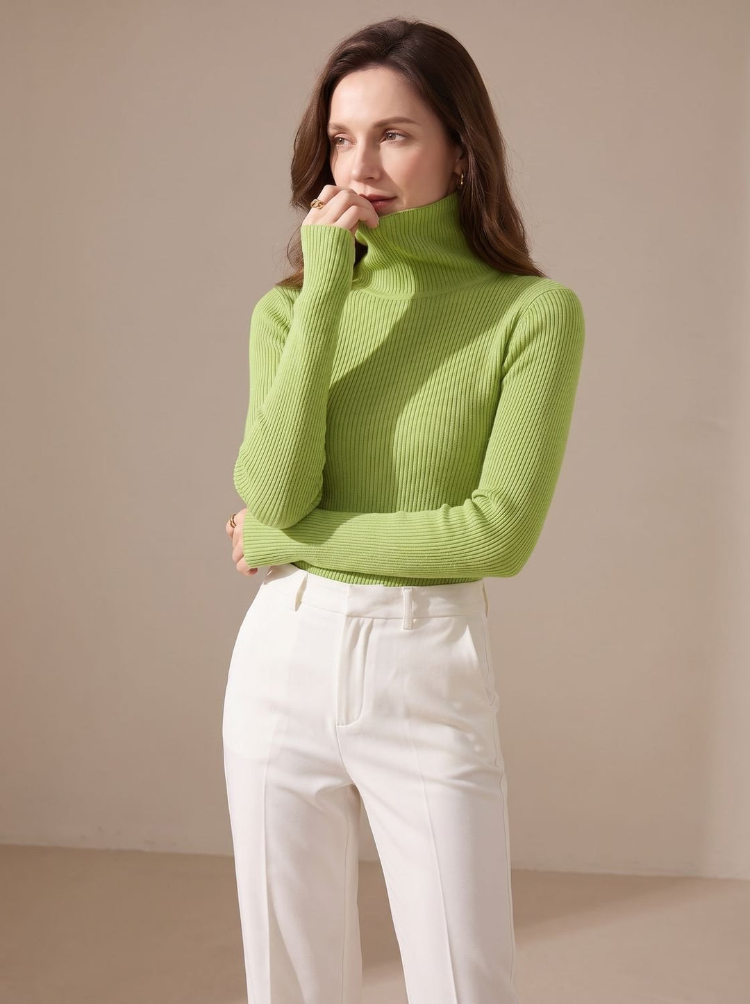 Damen Rollkragenpullover Gerippter Strick Slim-Fit Langarmshirt - Grün