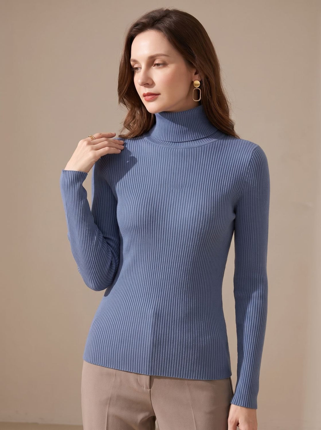 Damen Rollkragenpullover Gerippter Strick Slim-Fit Langarmshirt - Blau