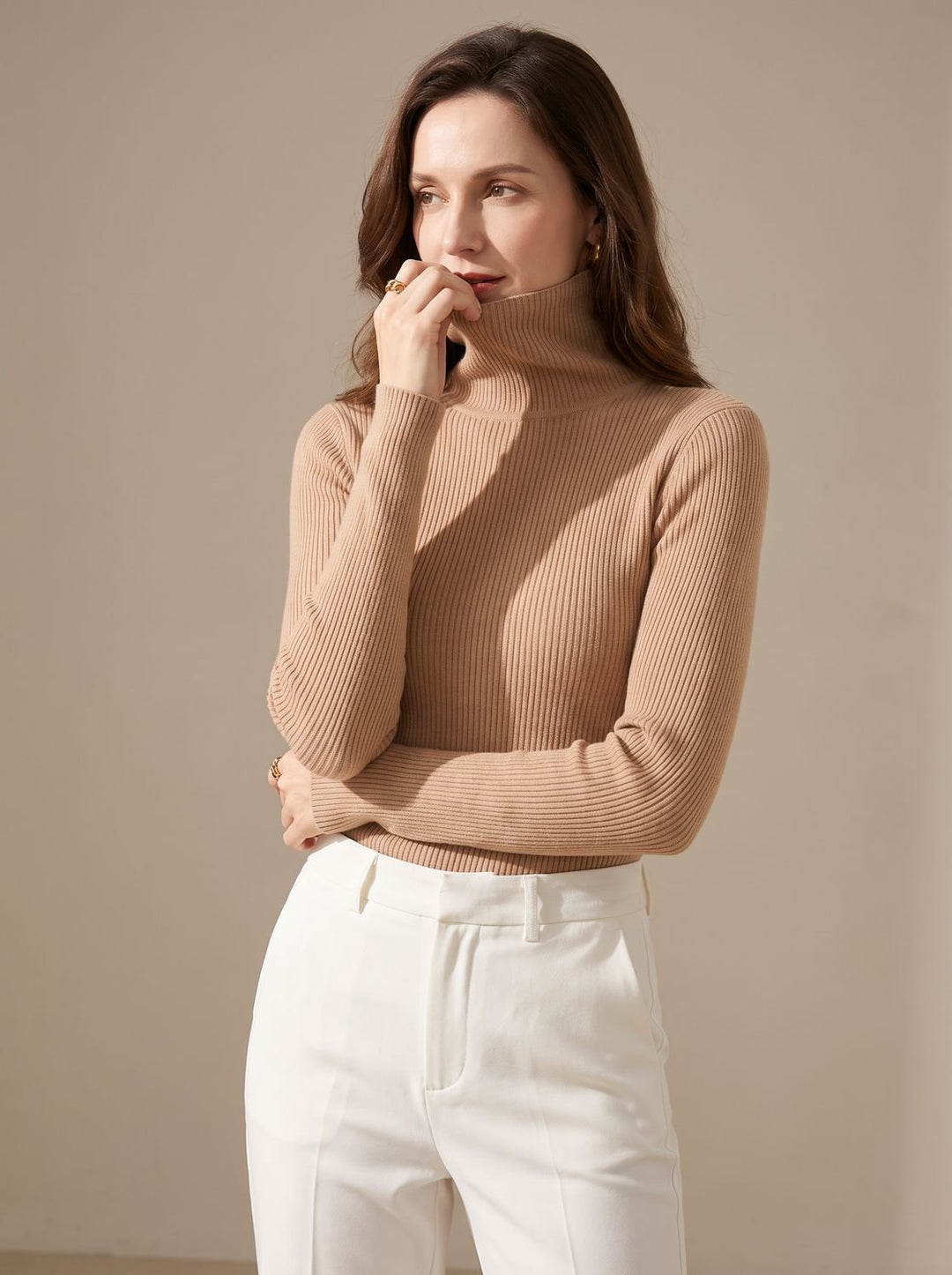Damen Rollkragenpullover Gerippter Strick Slim-Fit Langarmshirt - Beige