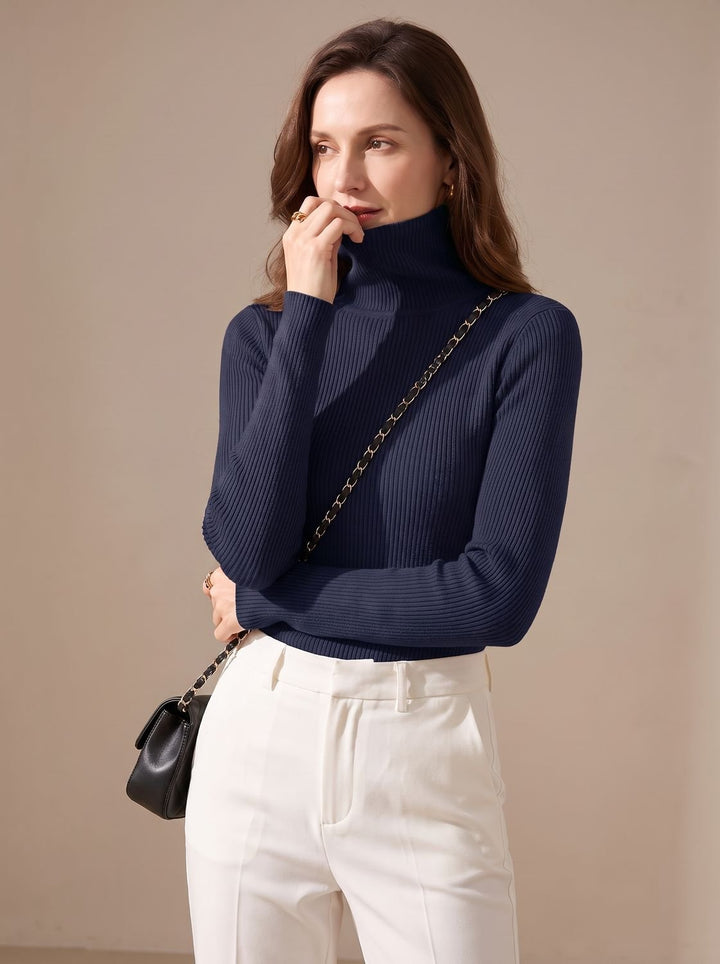 Damen Rollkragenpullover Gerippter Strick Slim-Fit Langarmshirt - Dunkelblau
