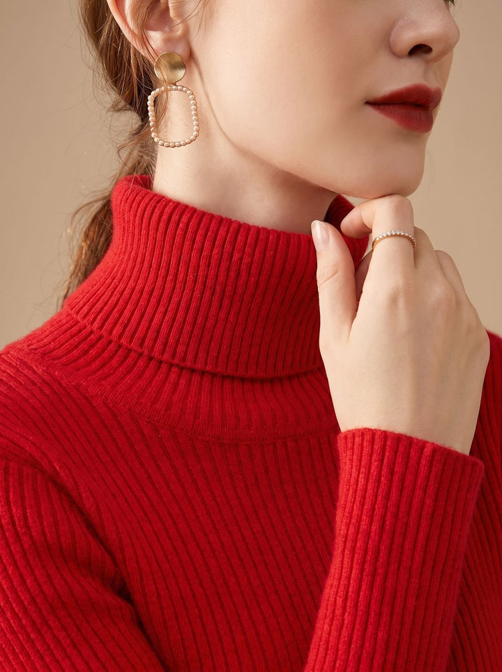 Damen Rollkragenpullover Gerippter Strick Slim-Fit Langarmshirt - Rot