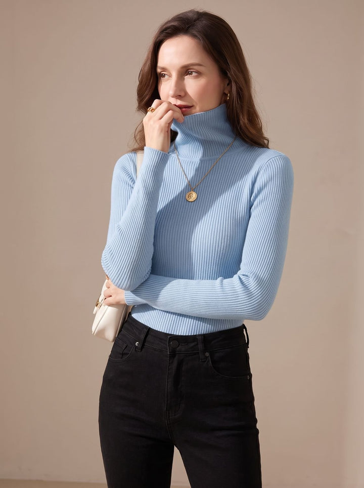 Damen Rollkragenpullover Gerippter Strick Slim-Fit Langarmshirt - Hellblau