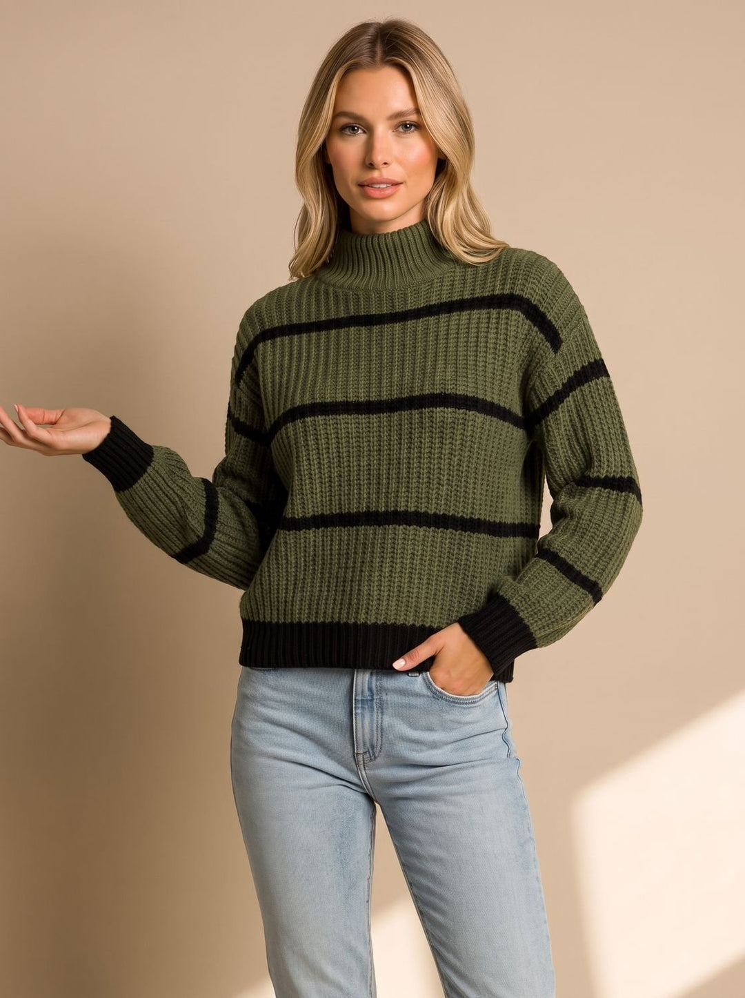 Damen Rollkragenpullover Gestreifter Oversize-Strickpullover - Grün
