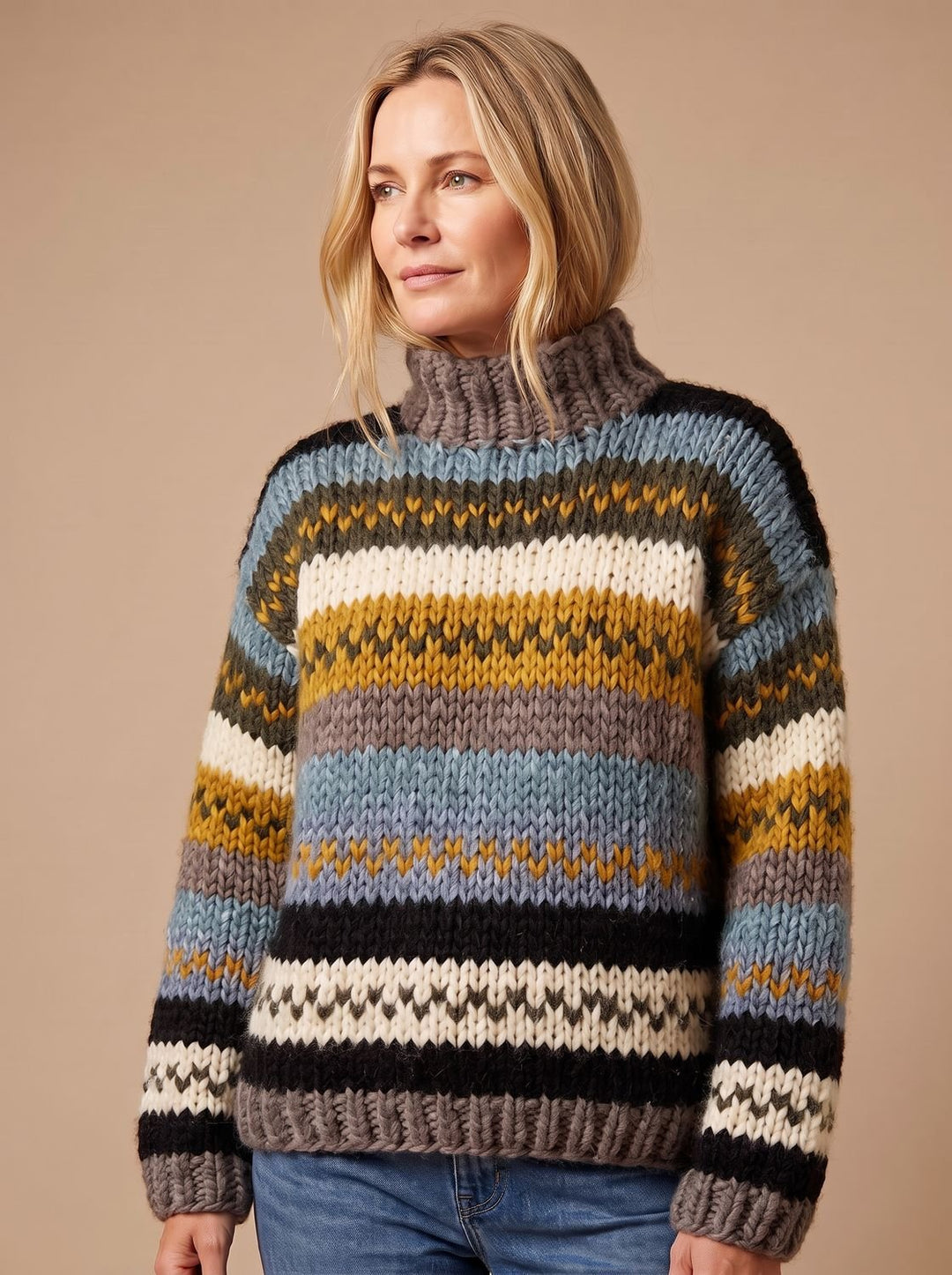 Damen Rollkragenpullover Gestreifter Strickpullover