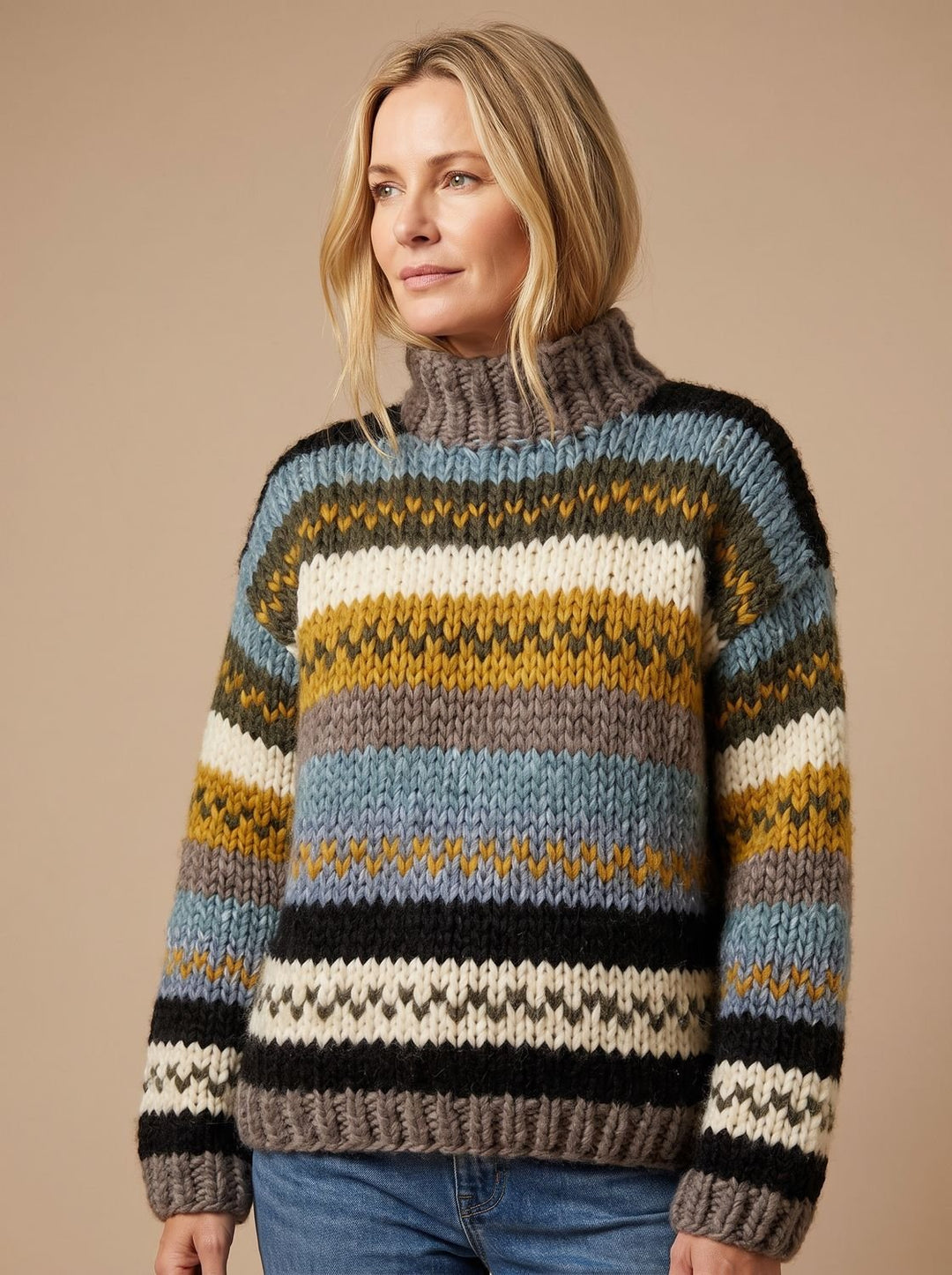 Damen Rollkragenpullover Gestreifter Strickpullover