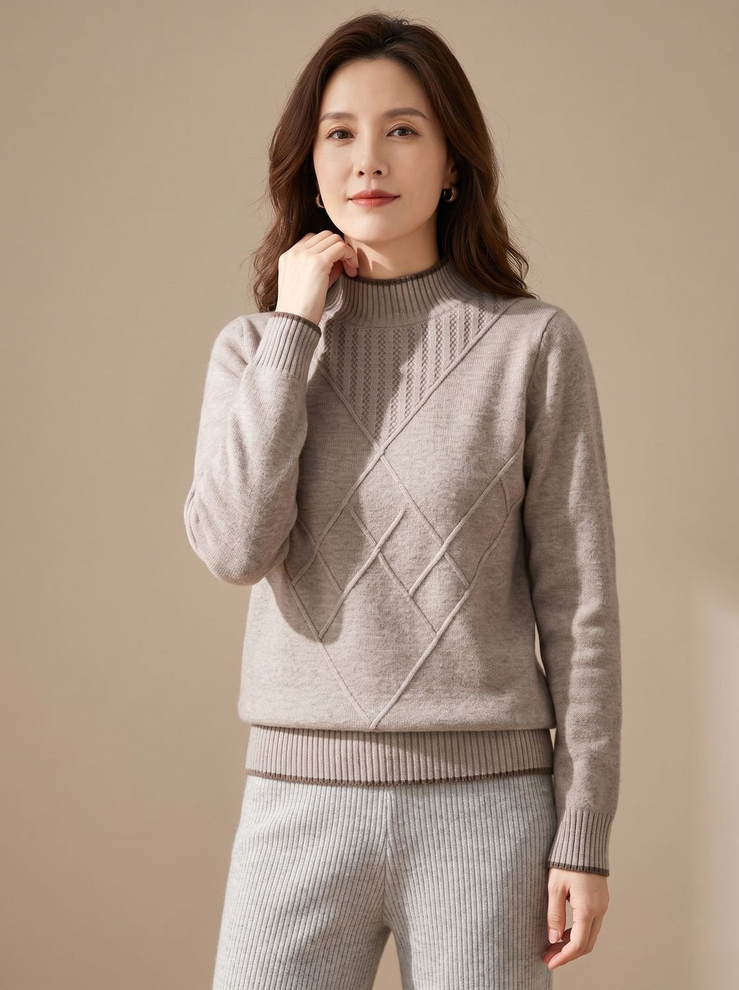 Damen Rollkragenpullover Halbkragen Strick Rauten-Muster Langarm - Khaki