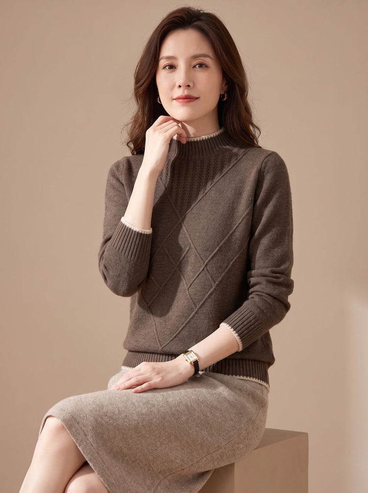 Damen Rollkragenpullover Halbkragen Strick Rauten-Muster Langarm - Braun
