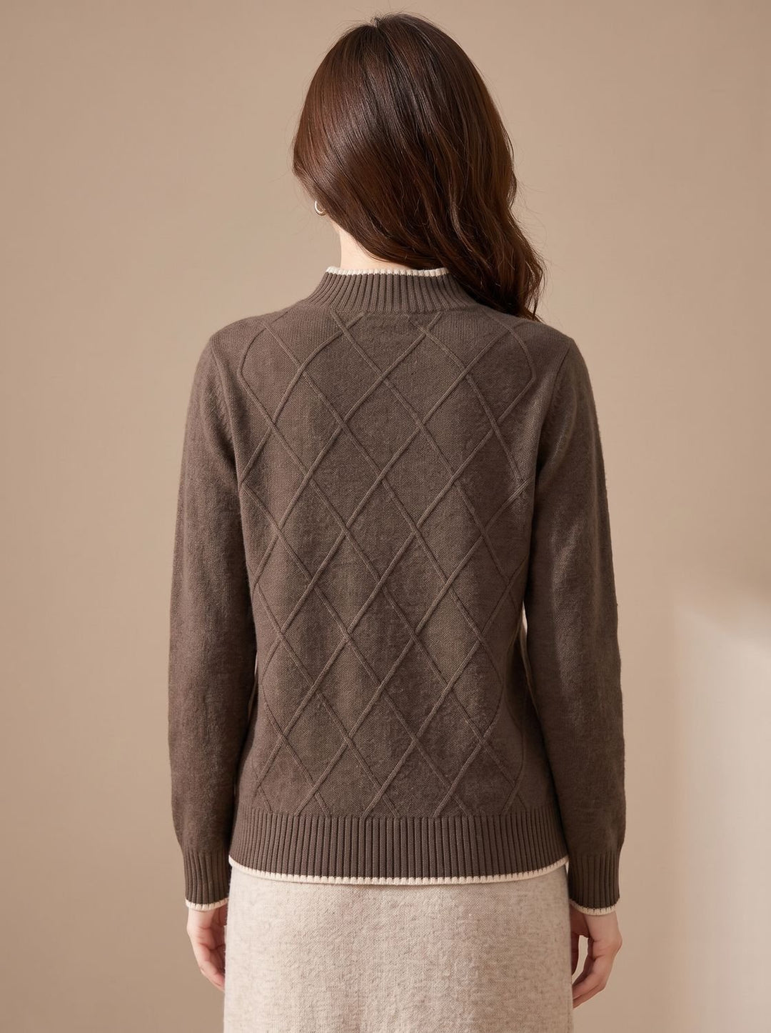 Damen Rollkragenpullover Halbkragen Strick Rauten-Muster Langarm