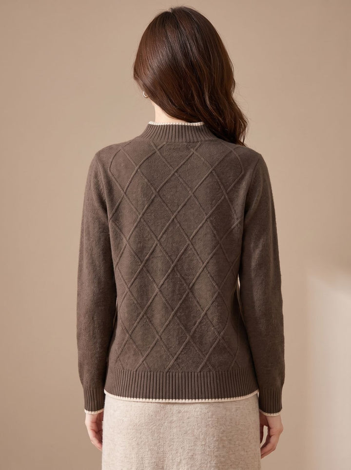 Damen Rollkragenpullover Halbkragen Strick Rauten-Muster Langarm