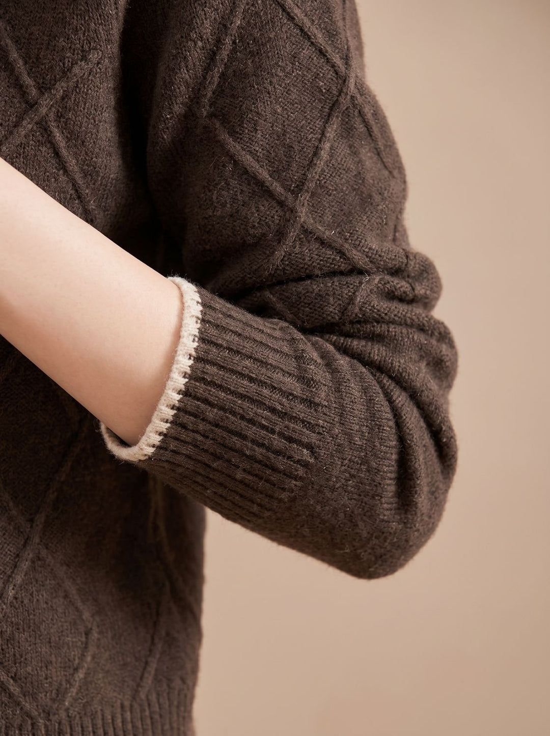 Damen Rollkragenpullover Halbkragen Strick Rauten-Muster Langarm