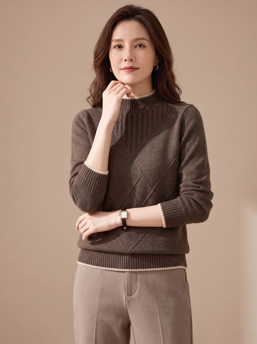 Damen Rollkragenpullover Halbkragen Strick Rauten-Muster Langarm