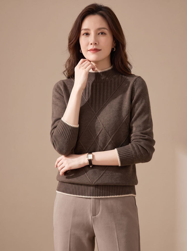 Damen Rollkragenpullover Halbkragen Strick Rauten-Muster Langarm