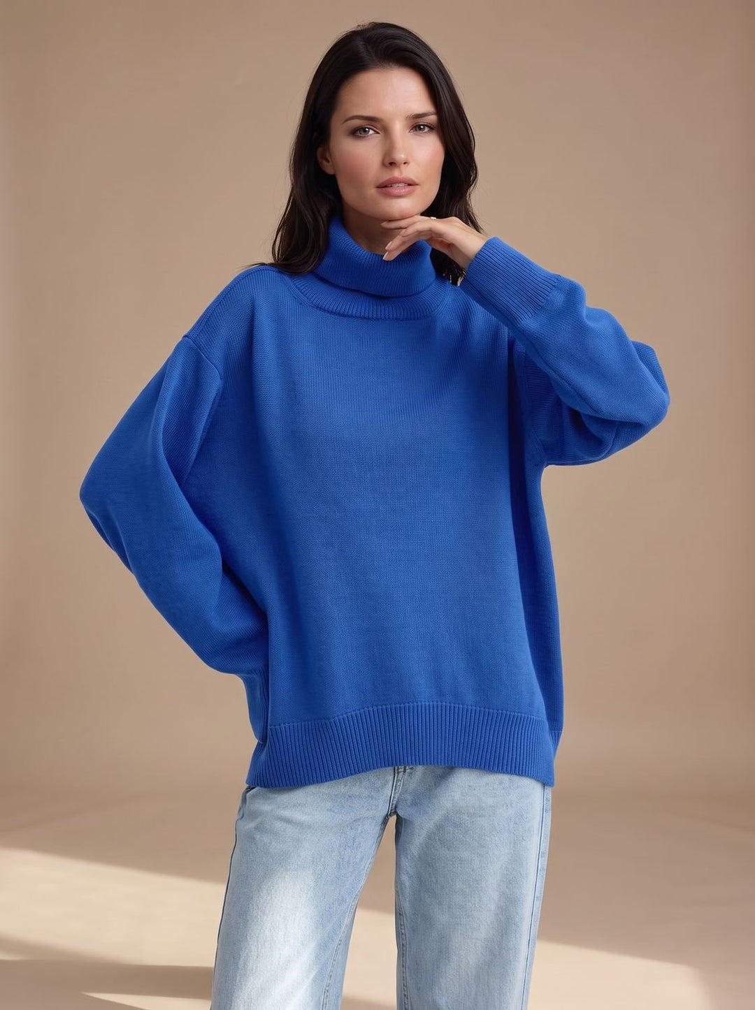 Damen Rollkragenpullover Klassischer Strickpullover mit Weitem Schnitt - Marineblau