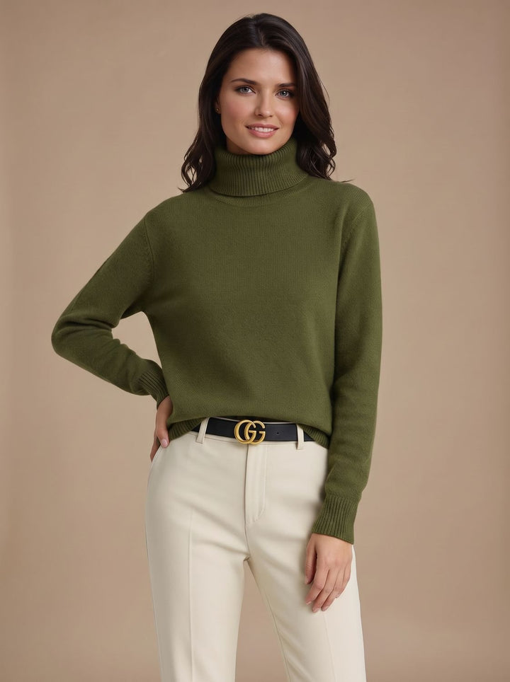 Damen Rollkragenpullover Klassischer Strickpullover mit Weitem Schnitt - Armeegrün