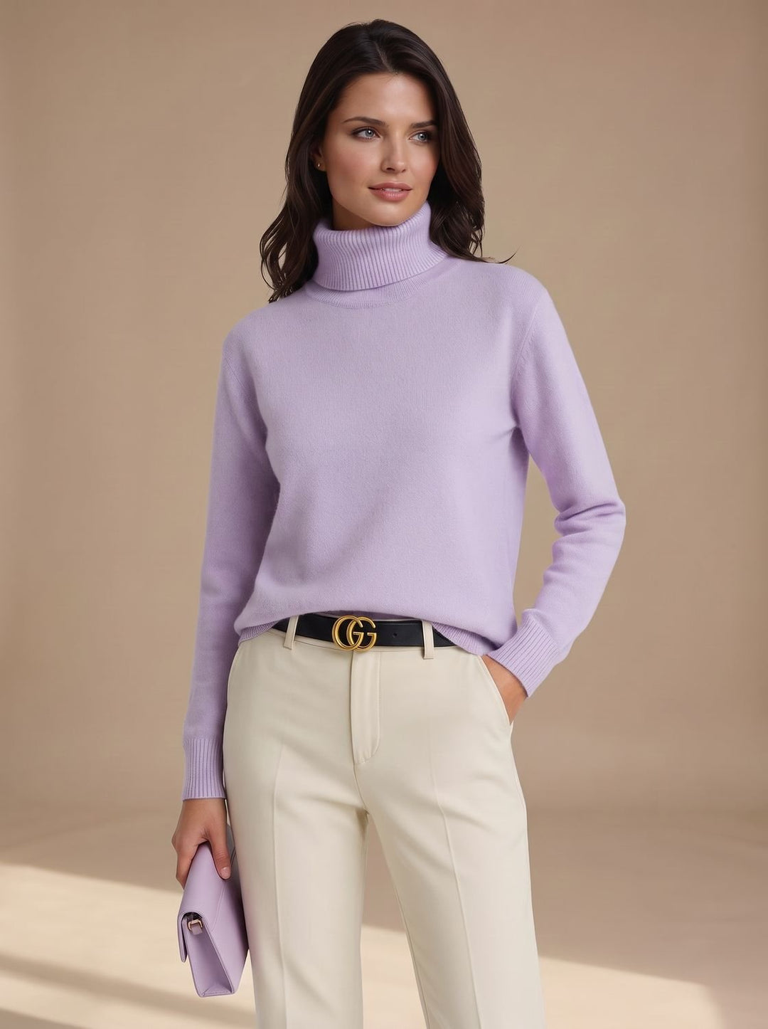 Damen Rollkragenpullover Klassischer Strickpullover mit Weitem Schnitt - Lila