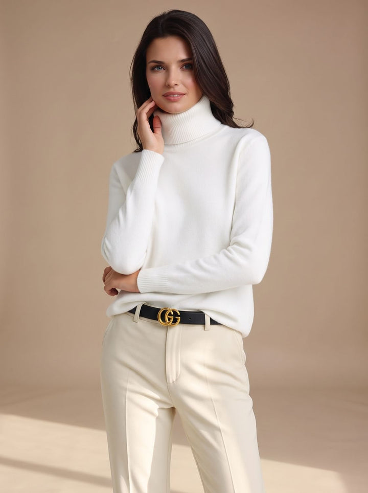 Damen Rollkragenpullover Klassischer Strickpullover mit Weitem Schnitt - Weiß