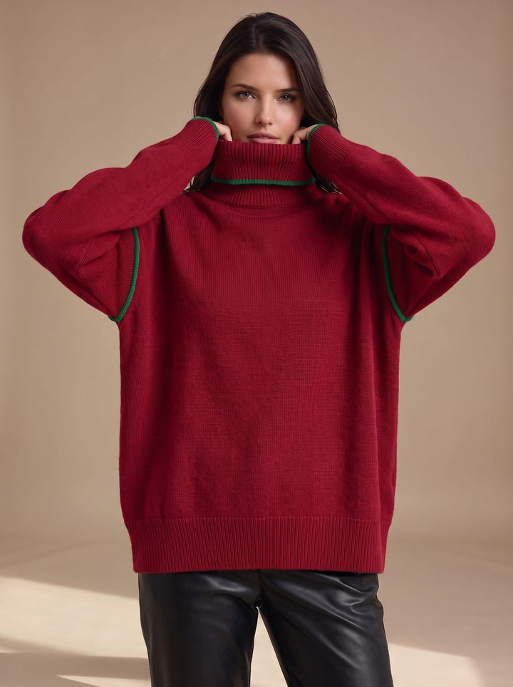 Damen Rollkragenpullover Klassischer Strickpullover mit Weitem Schnitt - Bordeauxrot