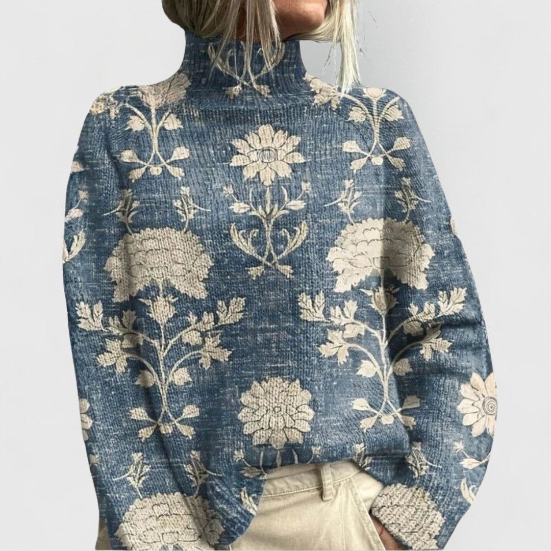 Damen Rollkragenpullover mit Blumenmuster Relaxed-Fit Strickpullover - Light Blue