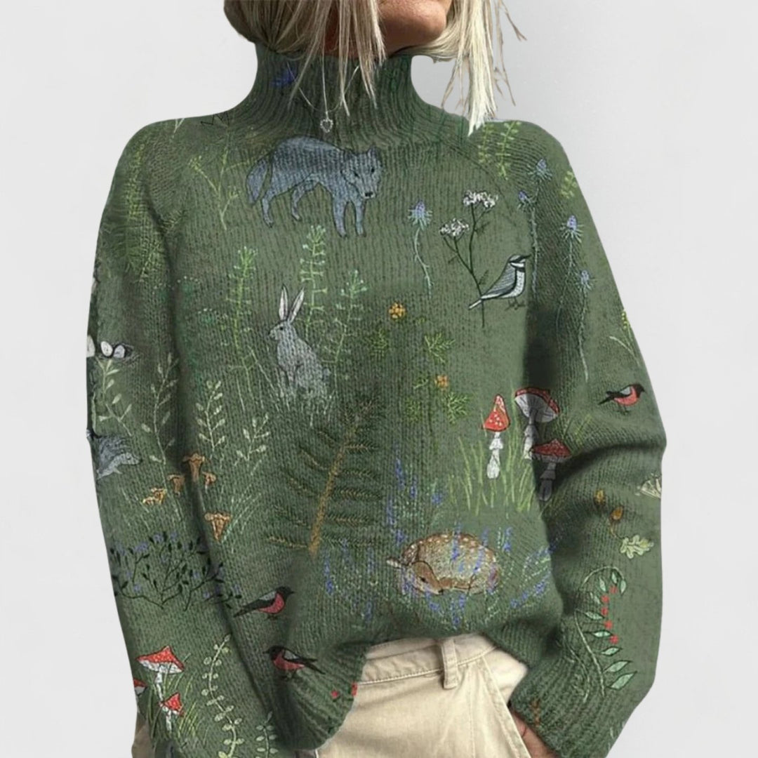 Damen Rollkragenpullover mit Blumenmuster Relaxed-Fit Strickpullover - Green