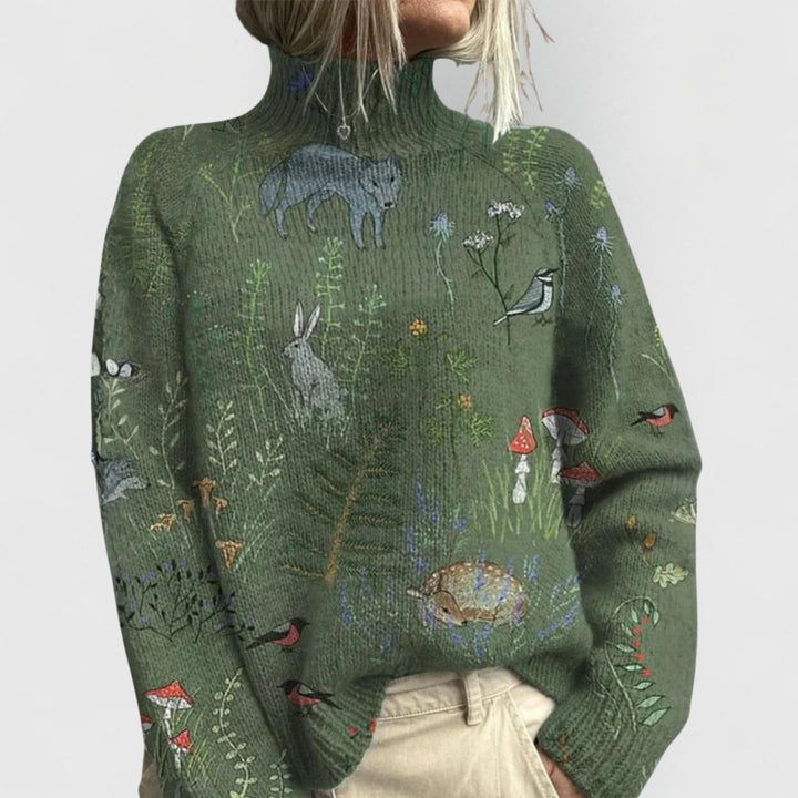 Damen Rollkragenpullover mit Blumenmuster Relaxed-Fit Strickpullover - Green