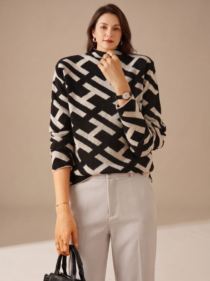 Damen Rollkragenpullover mit geometrischem Monogramm-Muster - Schwarz