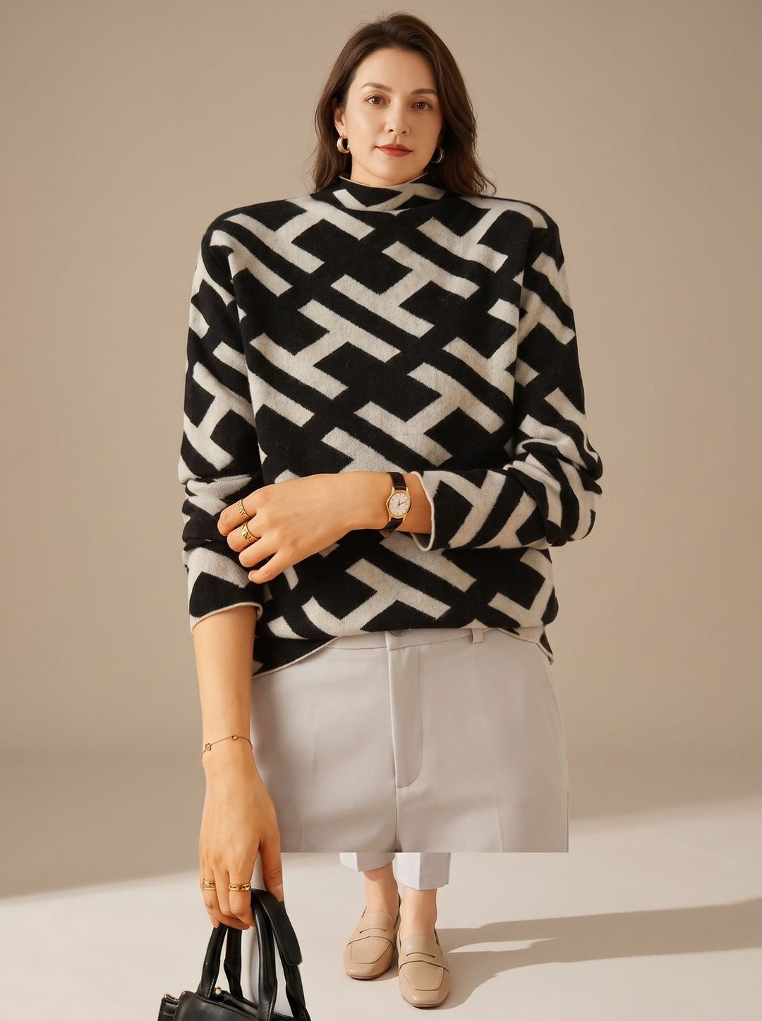 Damen Rollkragenpullover mit geometrischem Monogramm-Muster
