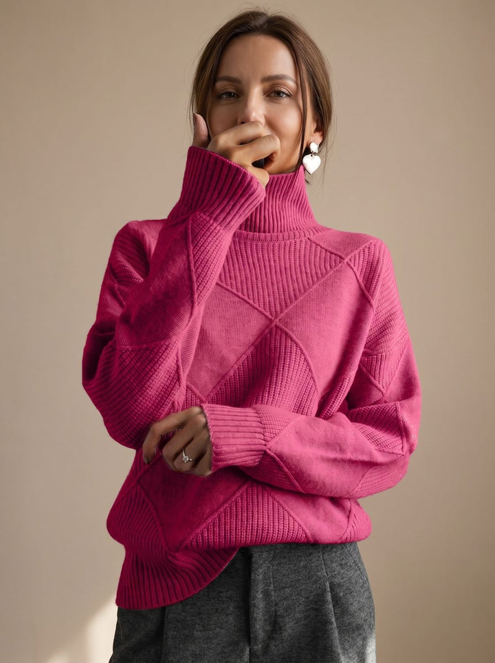 Damen Rollkragenpullover mit geometrischem Strickmuster Langarm - Rosa