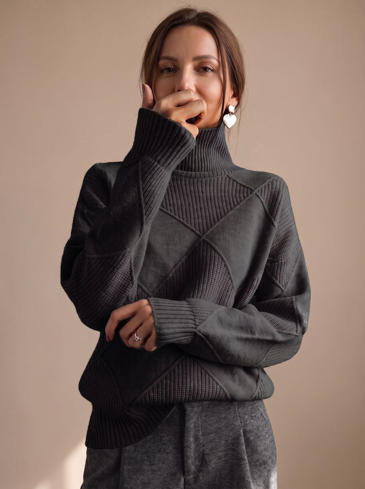 Damen Rollkragenpullover mit geometrischem Strickmuster Langarm - Schwarz
