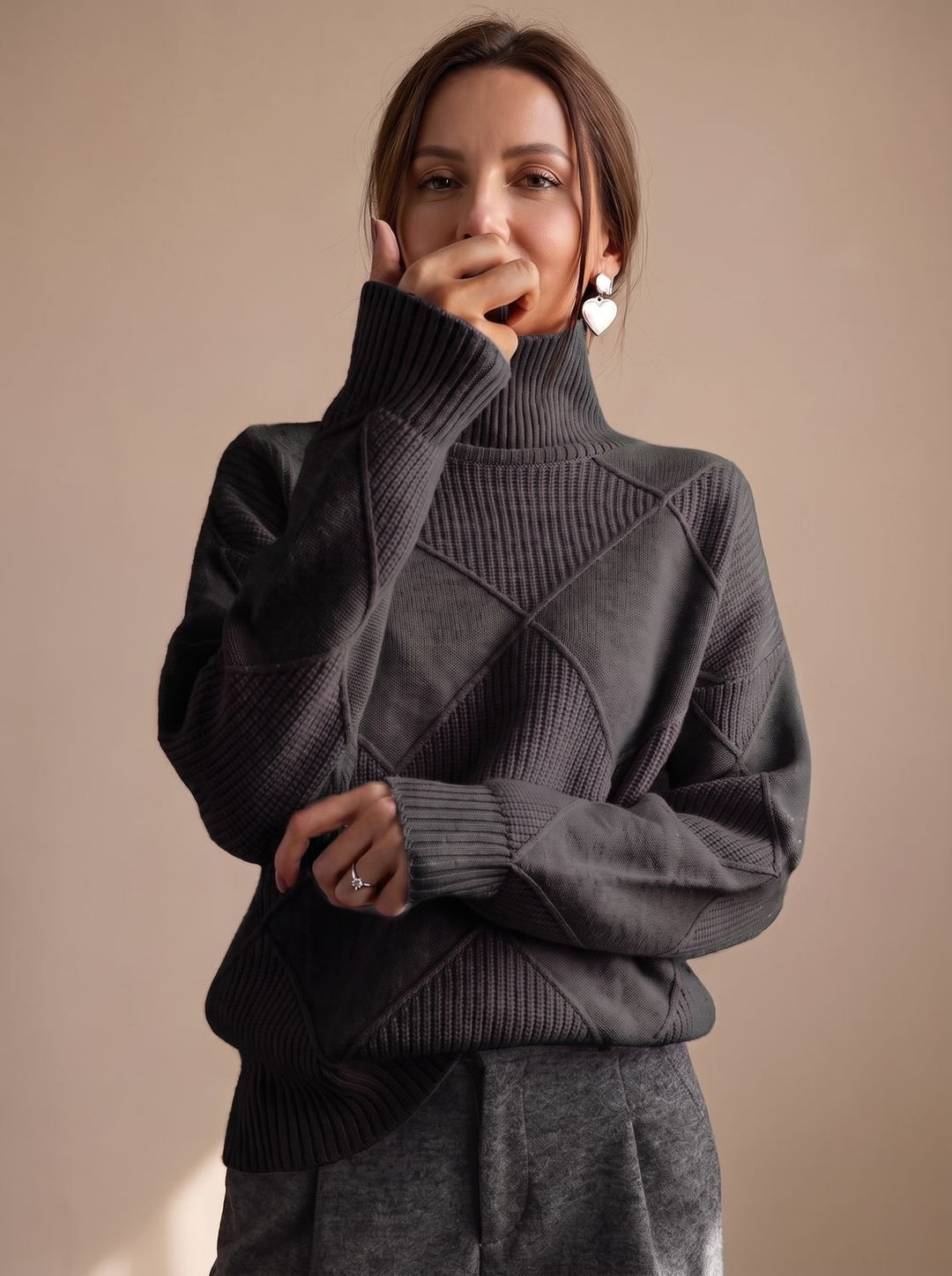 Damen Rollkragenpullover mit geometrischem Strickmuster Langarm