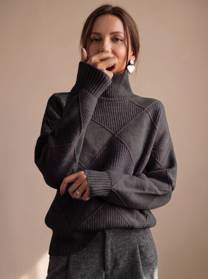 Damen Rollkragenpullover mit geometrischem Strickmuster Langarm