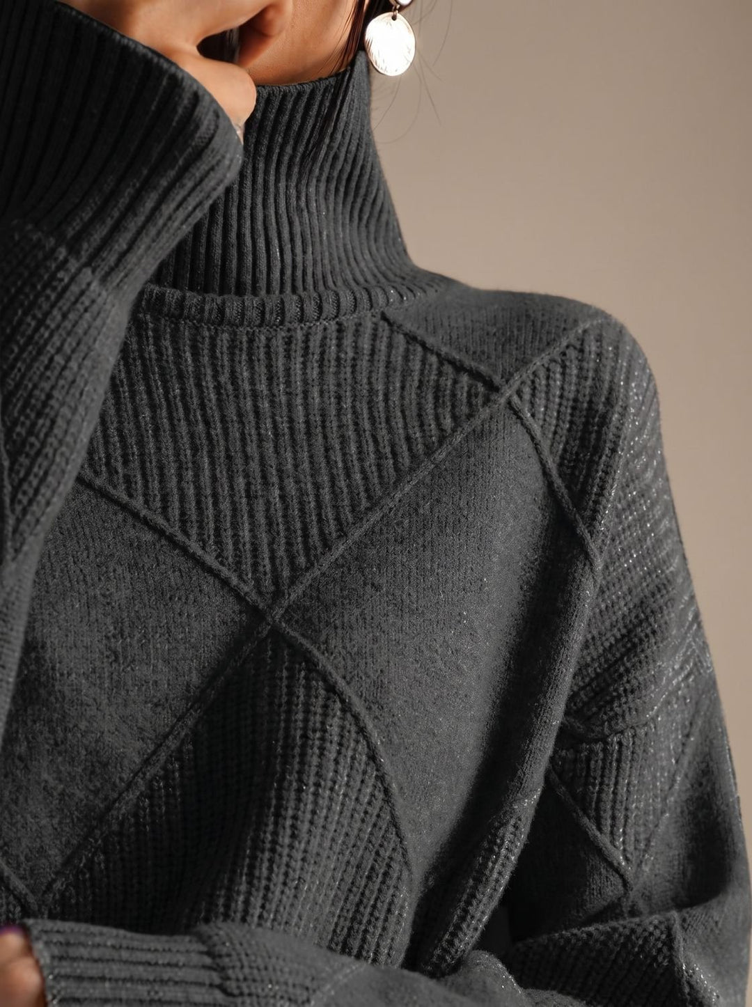 Damen Rollkragenpullover mit geometrischem Strickmuster Langarm