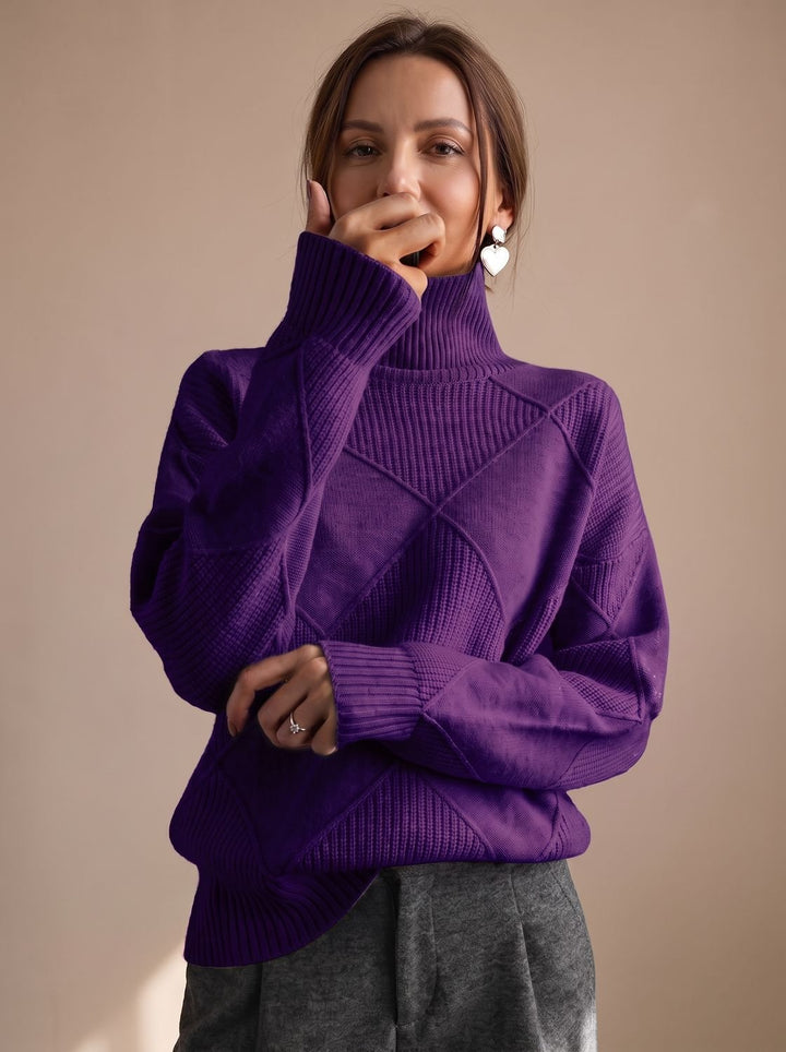Damen Rollkragenpullover mit geometrischem Strickmuster Langarm - Lila