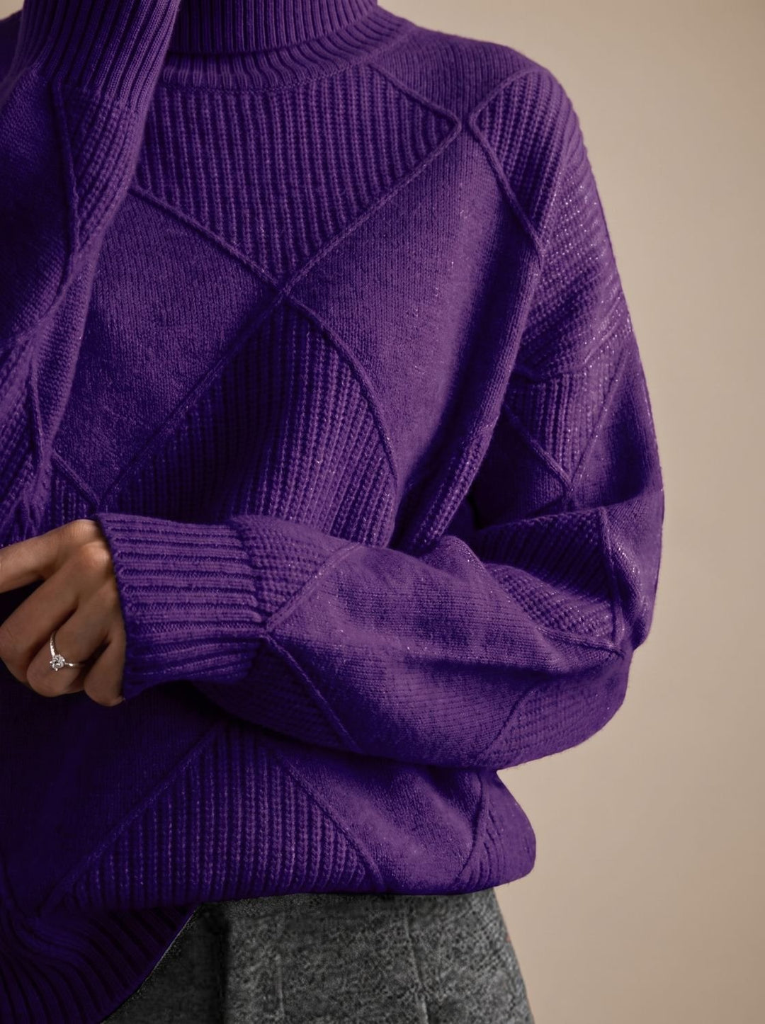 Damen Rollkragenpullover mit geometrischem Strickmuster Langarm