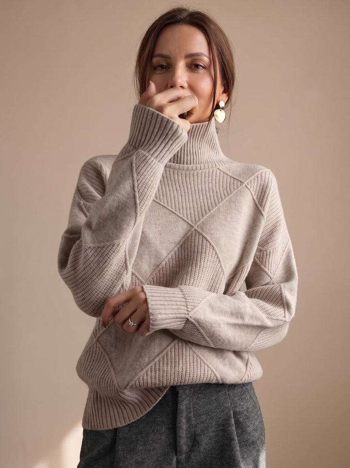 Damen Rollkragenpullover mit geometrischem Strickmuster Langarm - Grau
