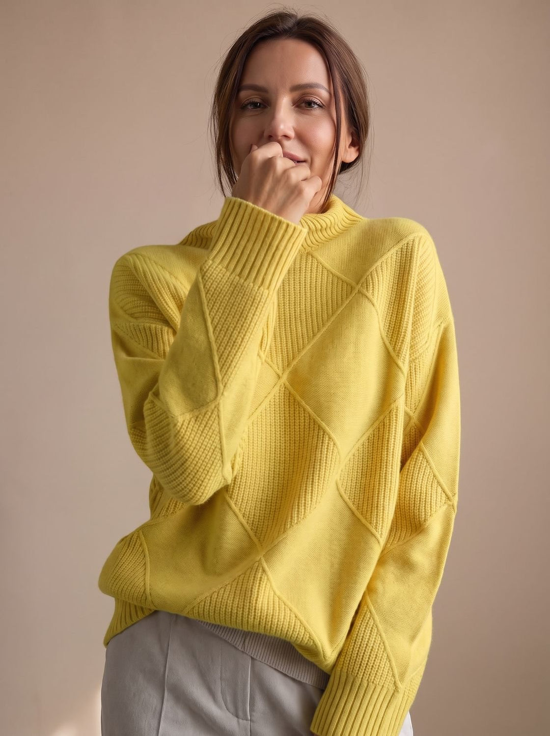 Damen Rollkragenpullover mit geometrischem Strickmuster Langarm - Gelb
